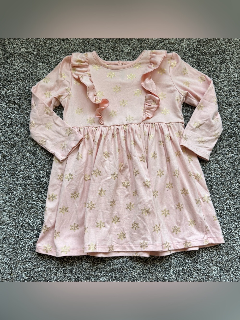 Pink Ruffled Long Sleeve Dress with Gold Snowflake Print
